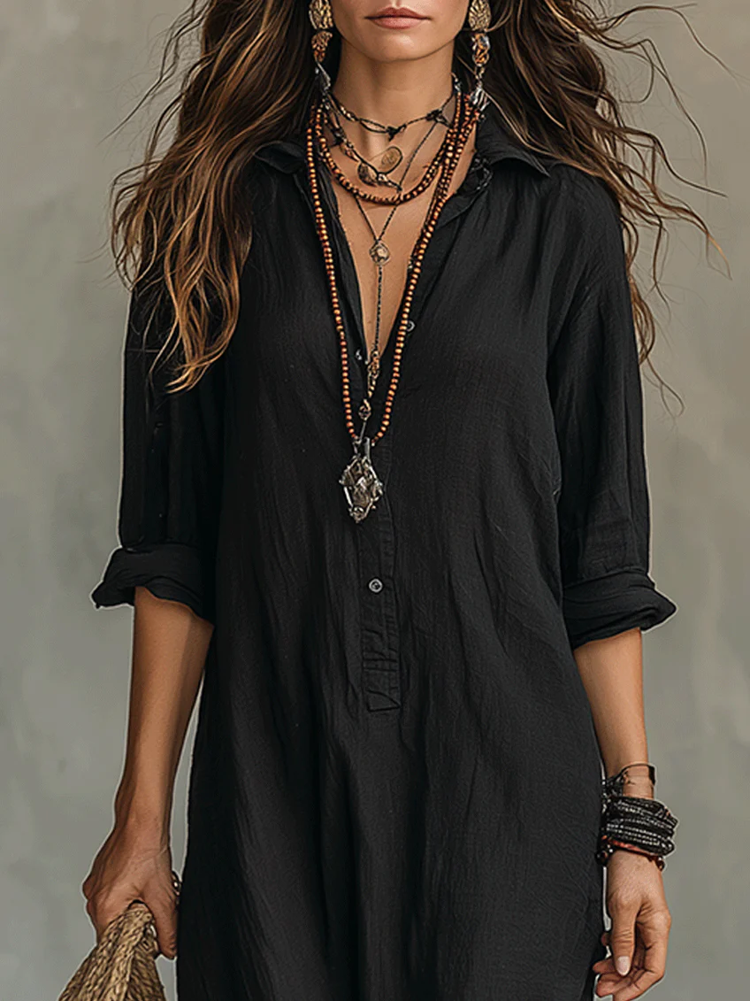 Soline™ | Abito Maxi Nero Oversize con Bottoni