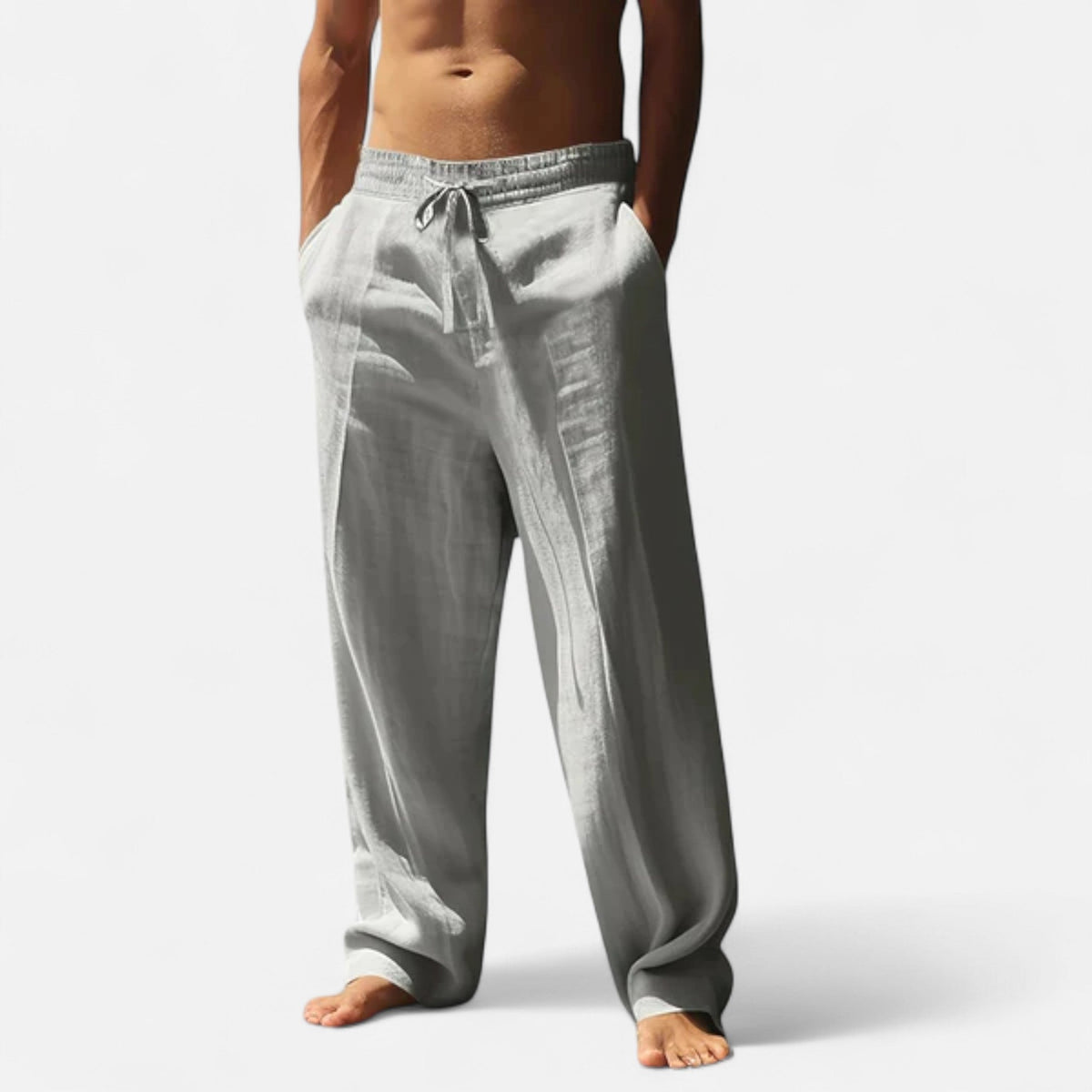 Men's relaxed linen trousers with a tailored fit, shown in multiple colors