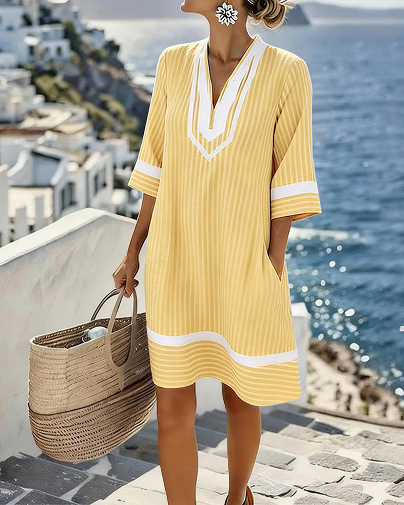 Veronica | blend V-Neck Short Sleeve Striped Dress