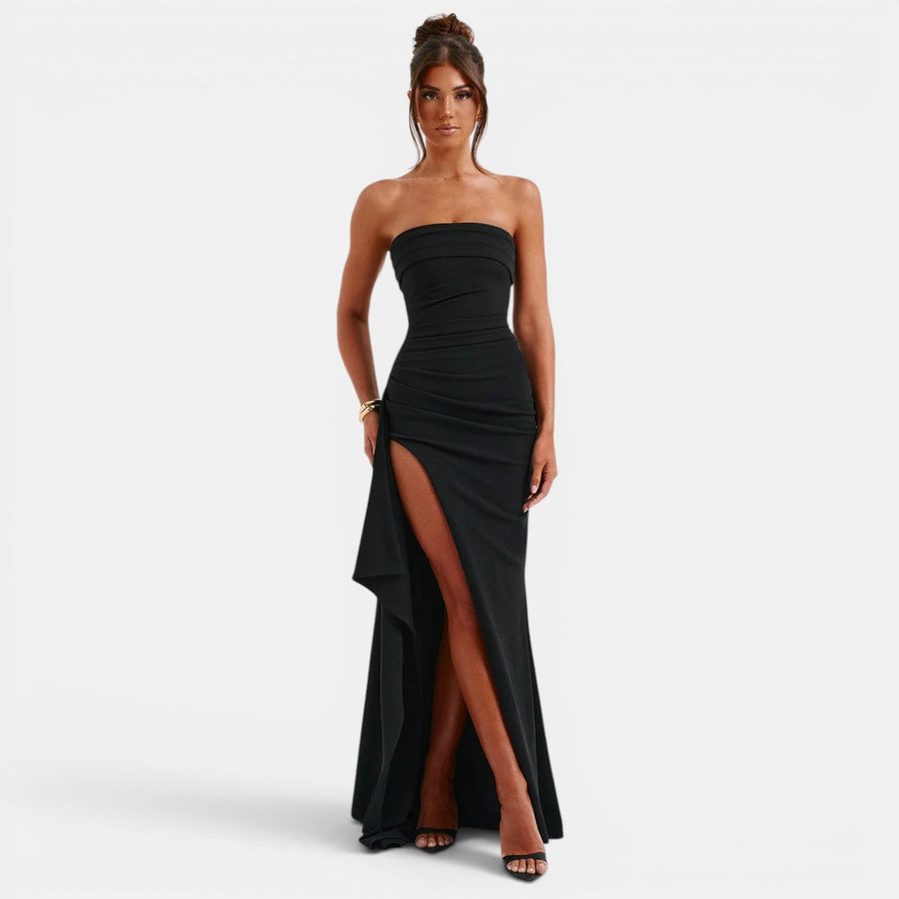 Black strapless ruched maxi dress with high split