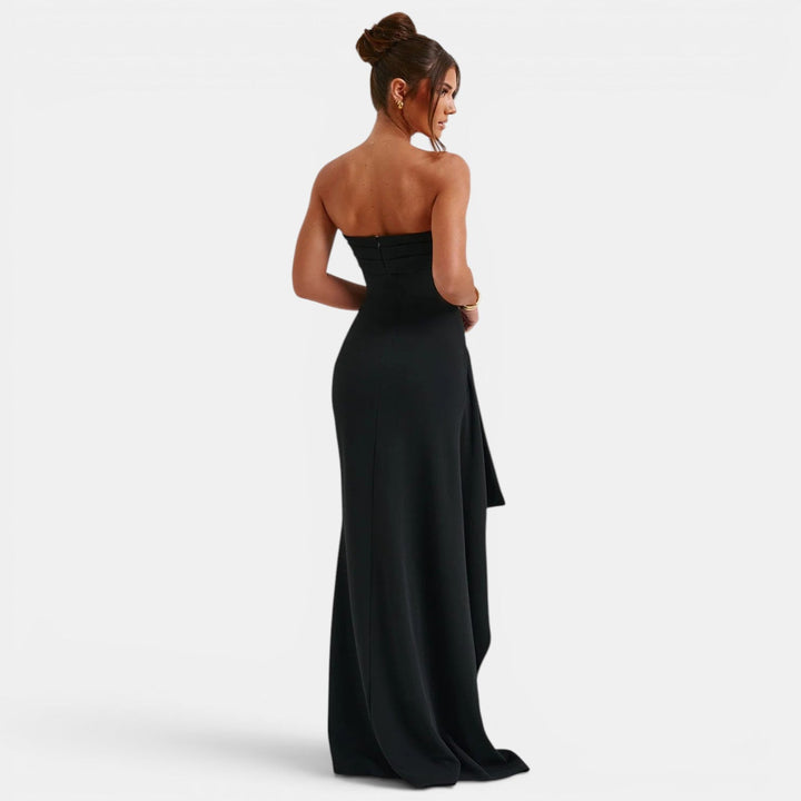 Black strapless ruched maxi dress with high split