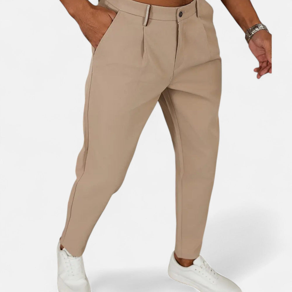 Men's classic pleated business trousers in a regular fit, shown in khaki