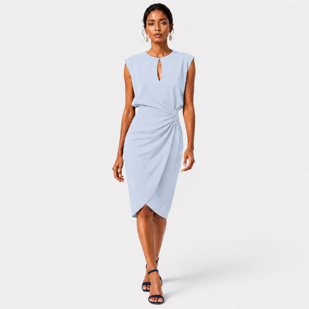 Women's elegant ruched midi dress with keyhole neckline in multiple colors