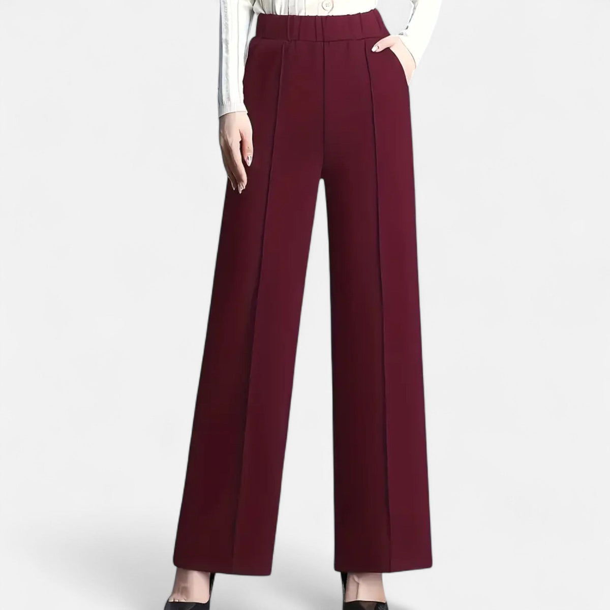 Valmonti women's high-waist straight-leg trousers with cuffed hem and side pockets