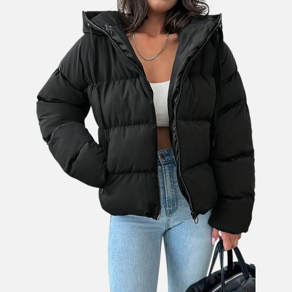 Women's black hooded zip-up jacket with long sleeves and side pockets