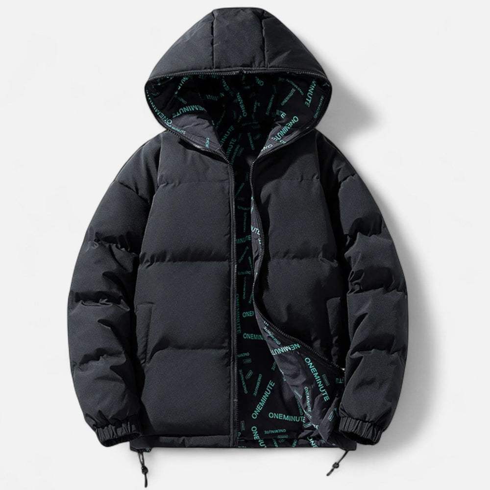 Men's water-resistant quilted puffer jacket in black with clean modern silhouette