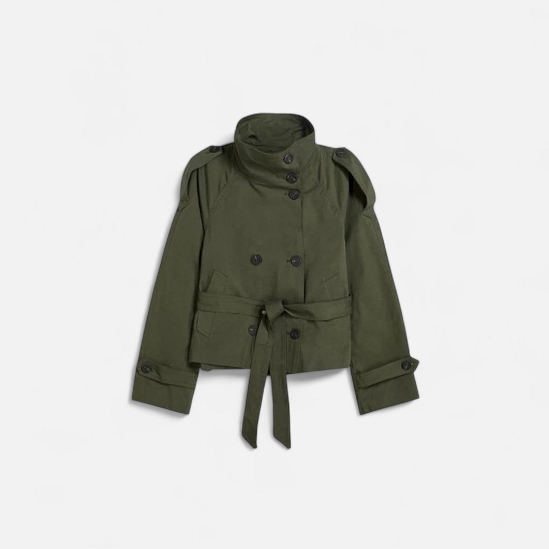 Short belted double-breasted trench coat with stand-up collar for women