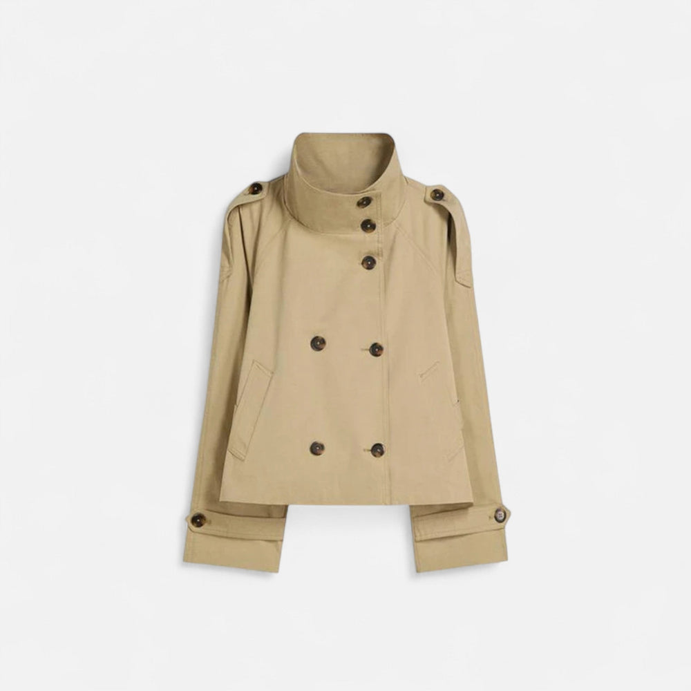 Short belted double-breasted trench coat with stand-up collar for women