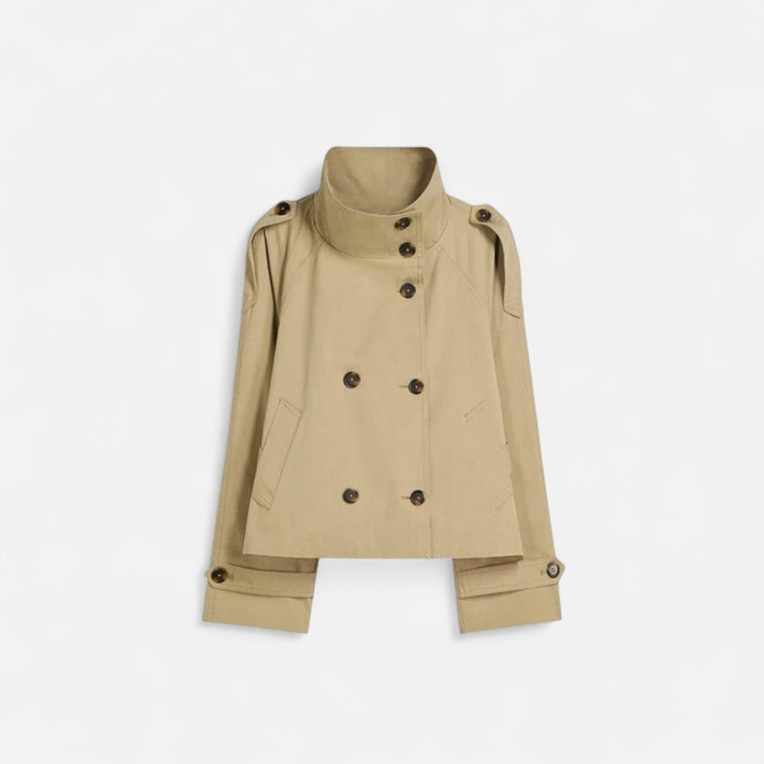 Short belted double-breasted trench coat with stand-up collar for women