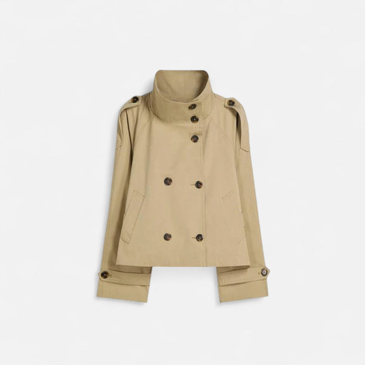 Short belted double-breasted trench coat with stand-up collar for women