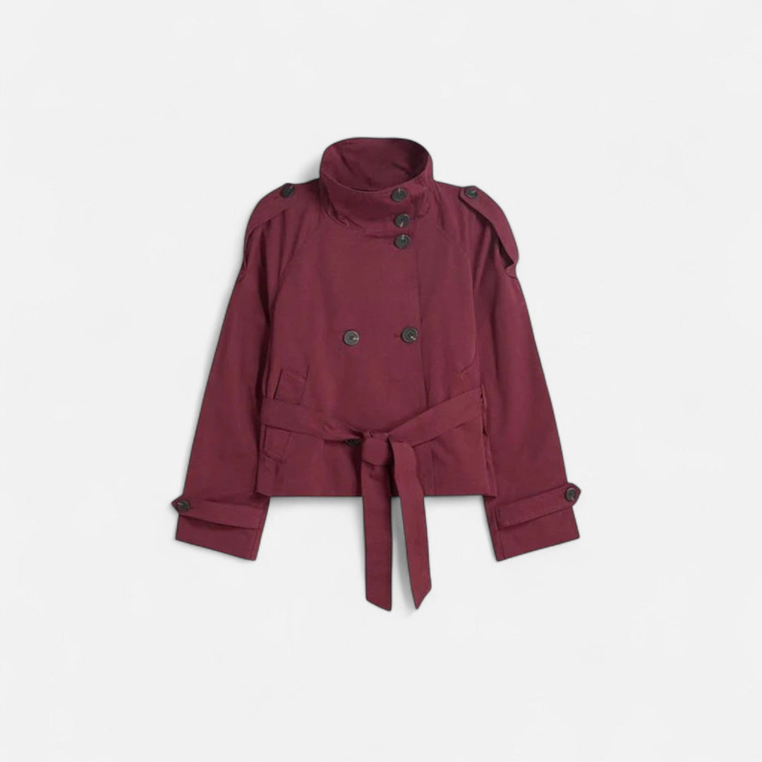 Short belted double-breasted trench coat with stand-up collar for women
