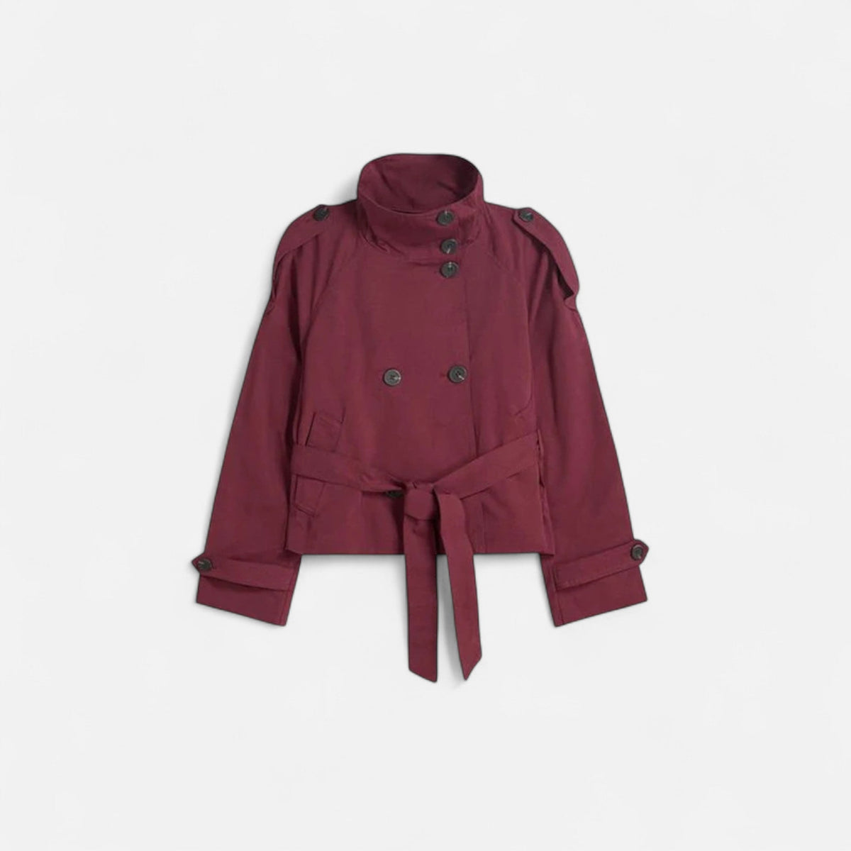 Short belted double-breasted trench coat with stand-up collar for women