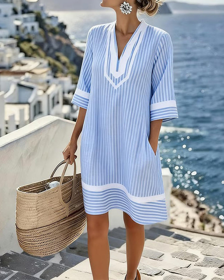 Veronica | blend V-Neck Short Sleeve Striped Dress