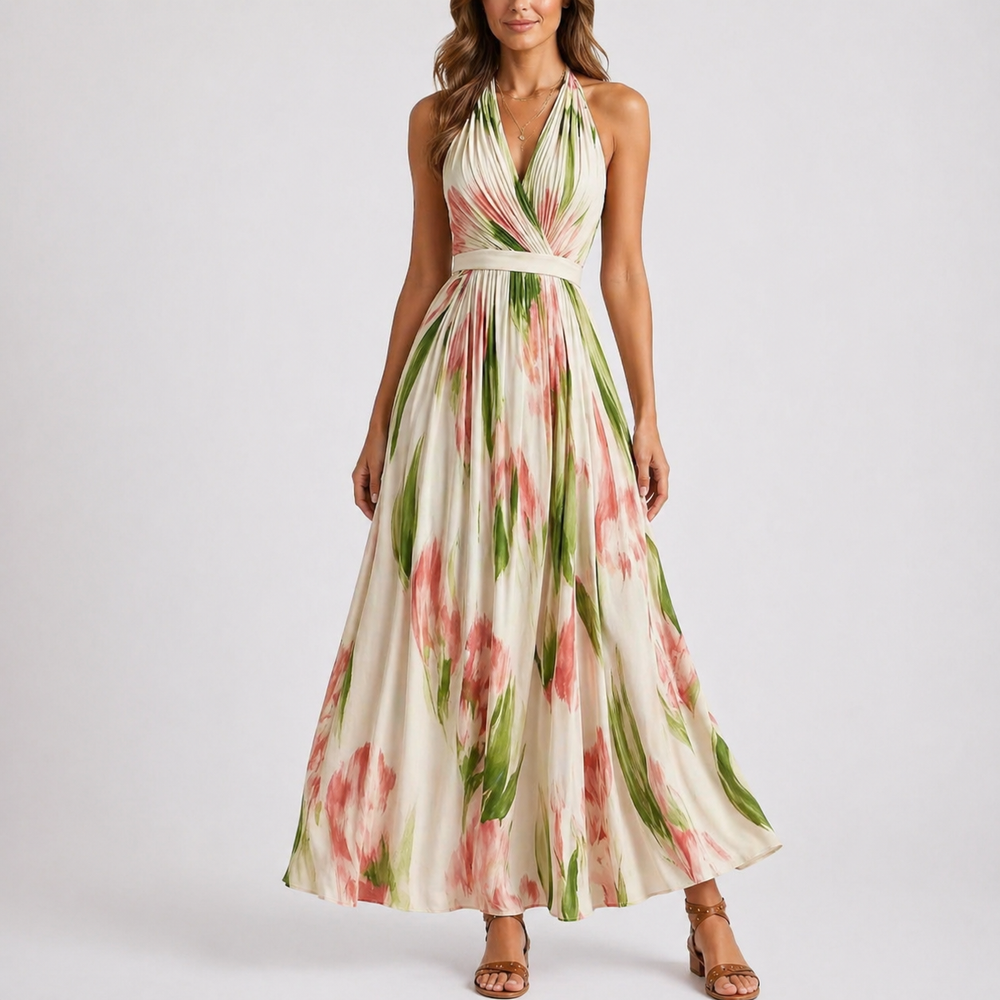 Floral halter neck maxi dress with fitted waist, flowing skirt and open tie back