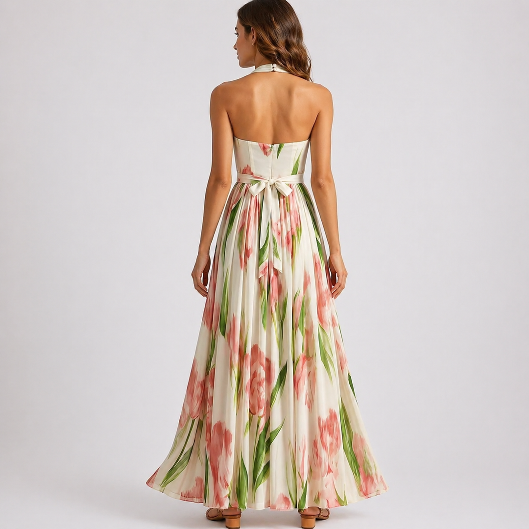 Floral halter neck maxi dress with fitted waist, flowing skirt and open tie back
