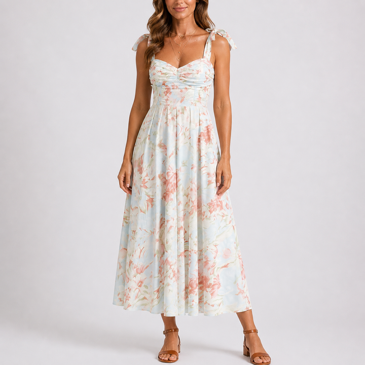 Floral print midi dress with ruched bodice and adjustable tie-shoulder straps