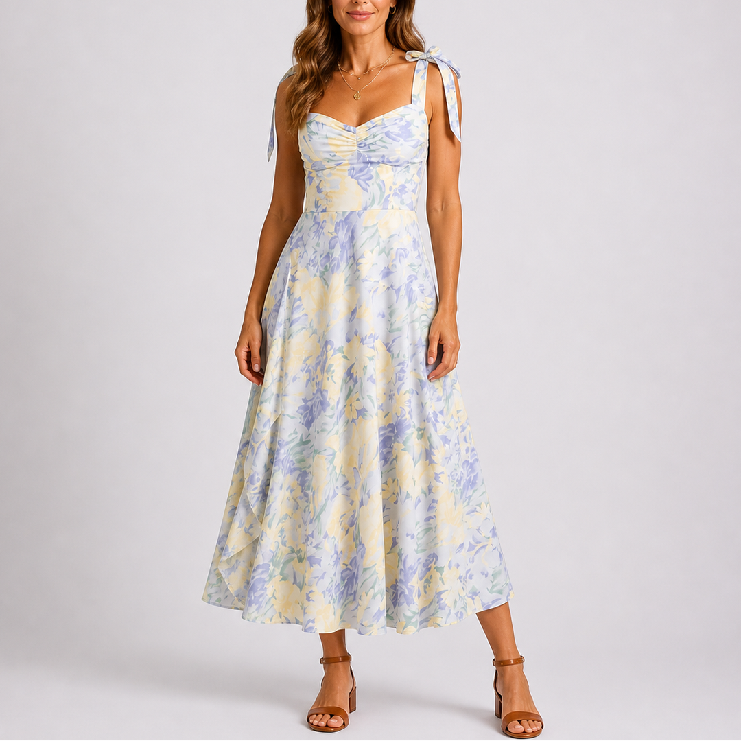 Floral print midi dress with ruched bodice and adjustable tie-shoulder straps