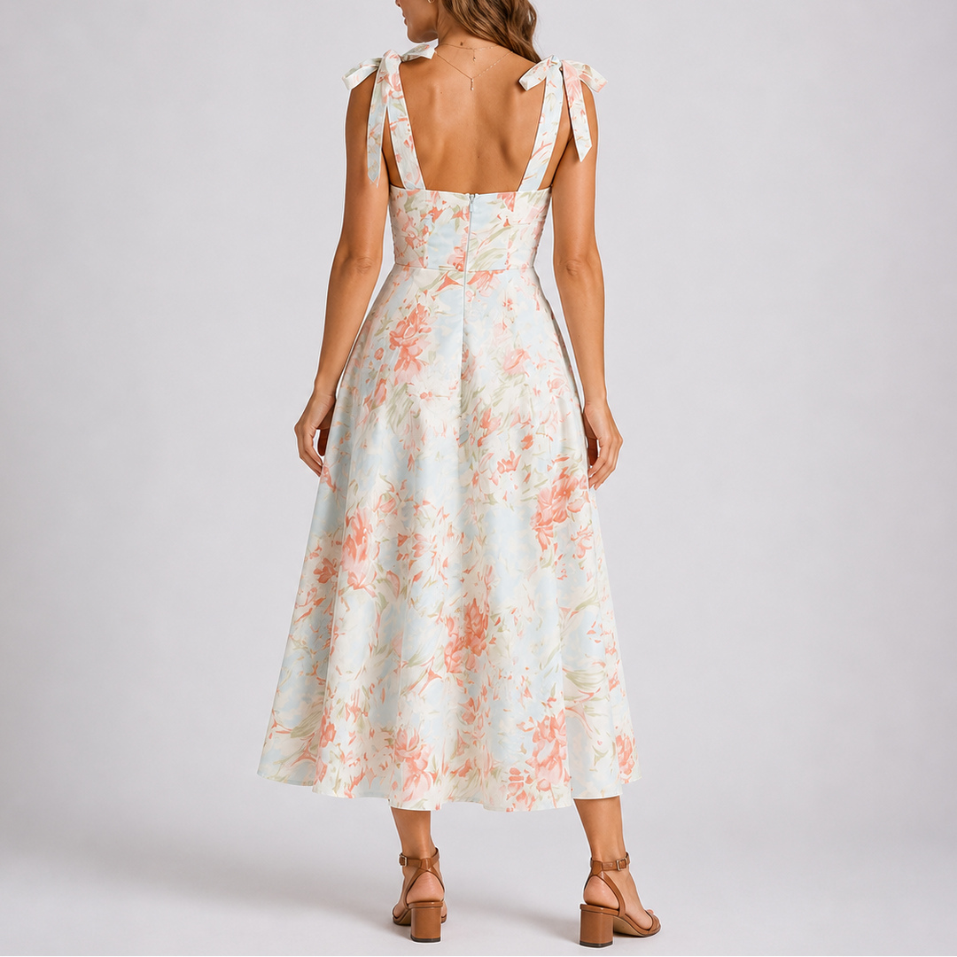 Floral print midi dress with ruched bodice and adjustable tie-shoulder straps