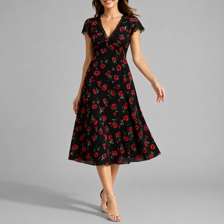 Floral black A-line midi dress with V-neck, short sleeves and lace trim
