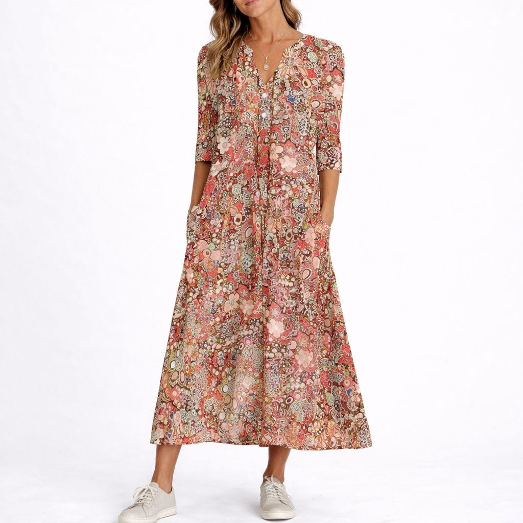 Floral print midi dress with V-neckline, three-quarter sleeves and side pockets