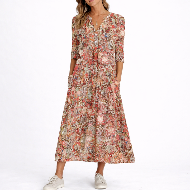 Floral print midi dress with V-neckline, three-quarter sleeves and side pockets