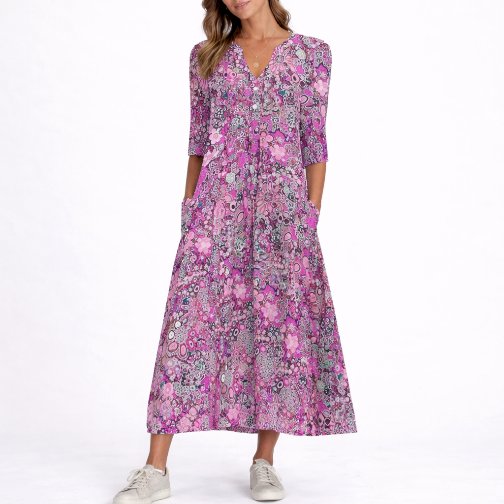 Floral print midi dress with V-neckline, three-quarter sleeves and side pockets