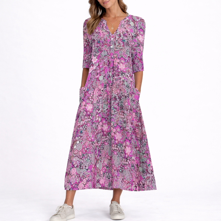 Floral print midi dress with V-neckline, three-quarter sleeves and side pockets