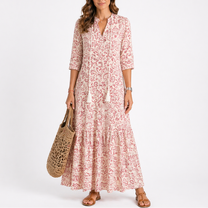 Floral print midi dress with V-neckline, tassel ties and short sleeves