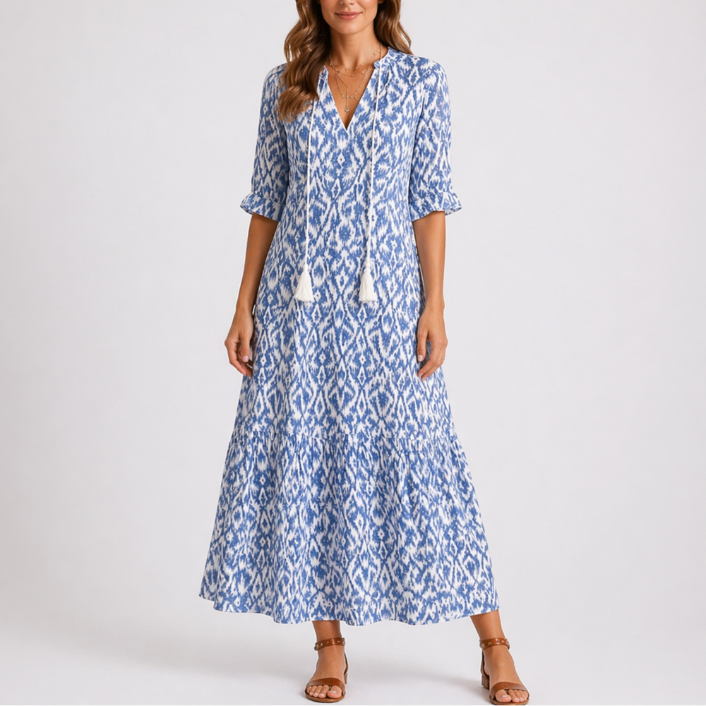 Floral print midi dress with V-neckline, tassel ties and short sleeves