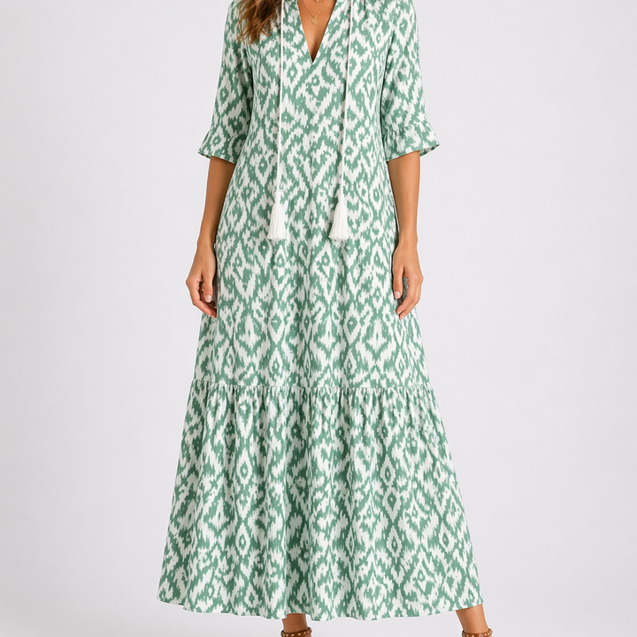 Floral print midi dress with V-neckline, tassel ties and short sleeves