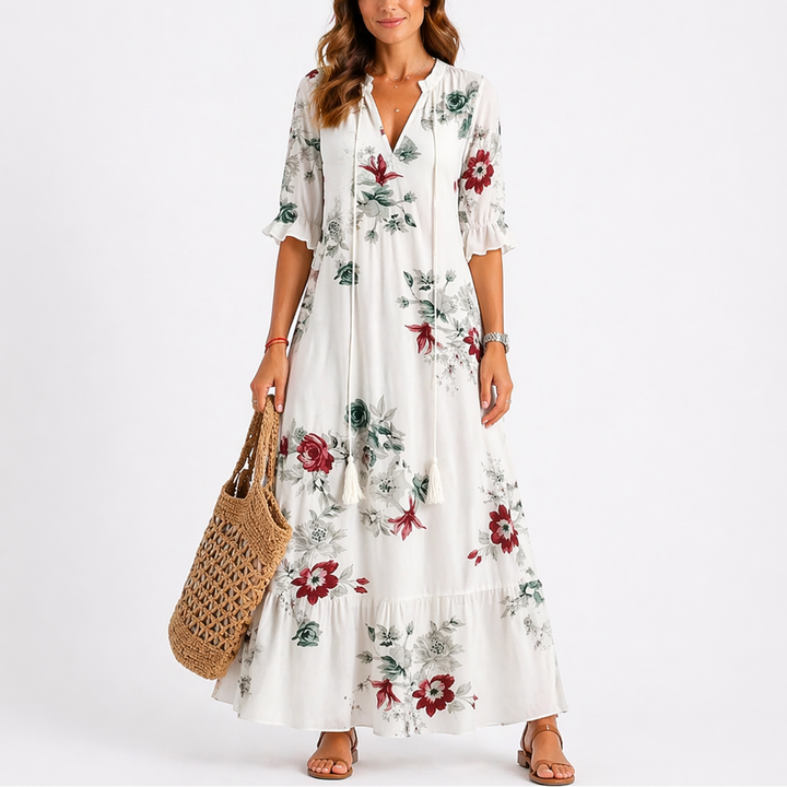 Floral print midi dress with V-neckline, tassel ties and short sleeves
