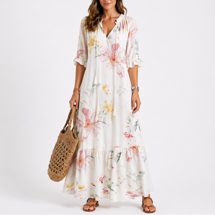 Floral print midi dress with V-neckline, tassel ties and short sleeves