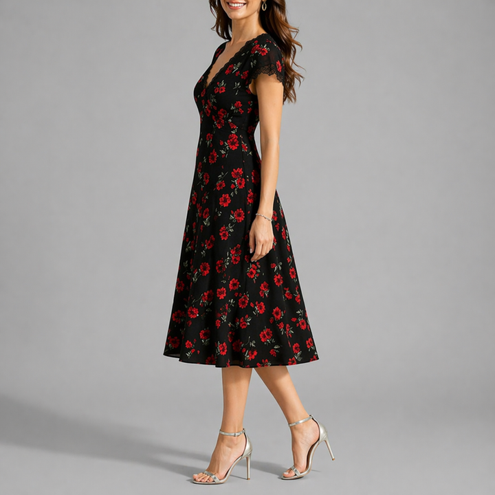 Floral black A-line midi dress with V-neck, short sleeves and lace trim