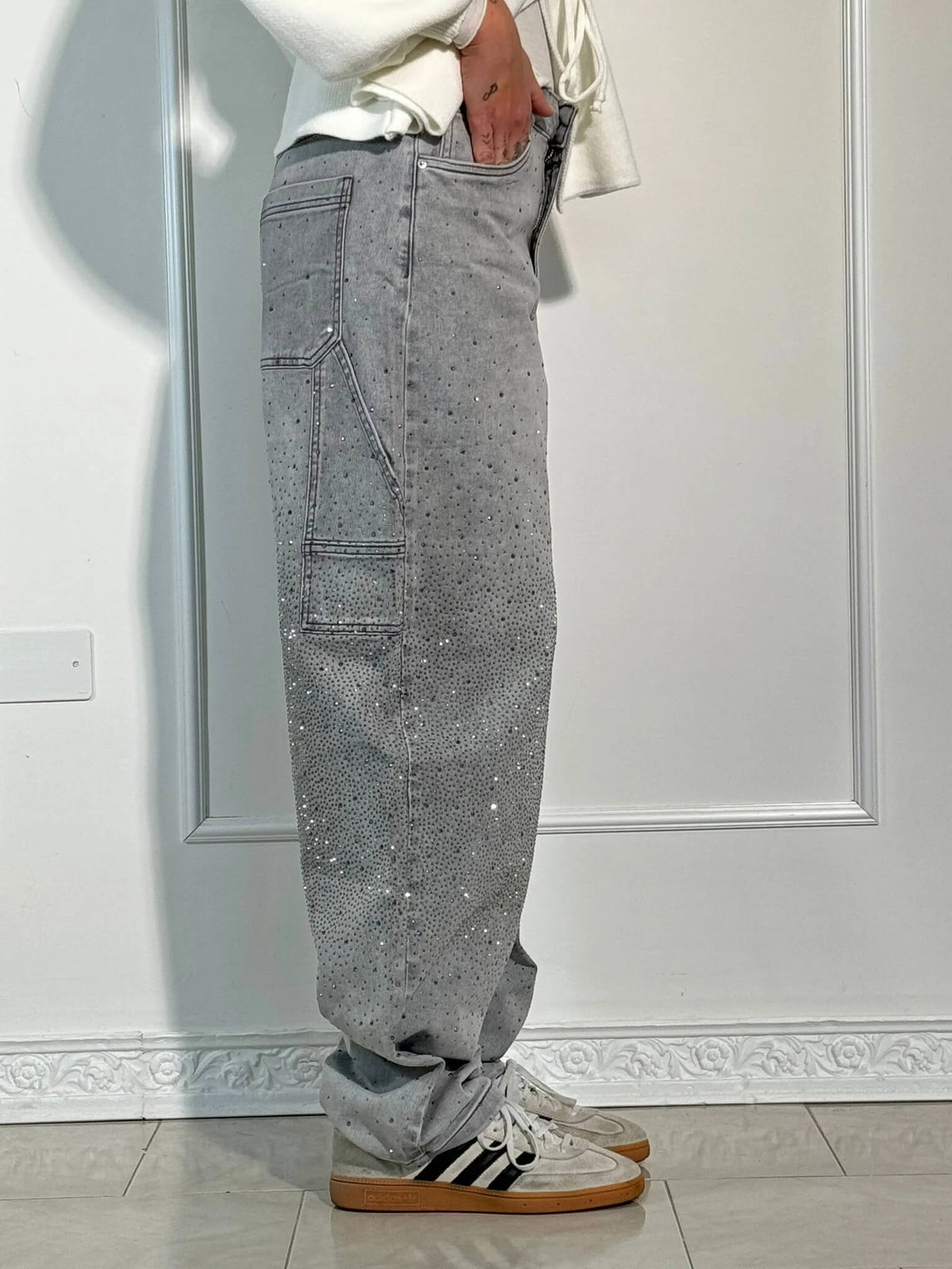 Women's High-Waist Straight Leg Jeans | Crystal Detail Vintage Denim