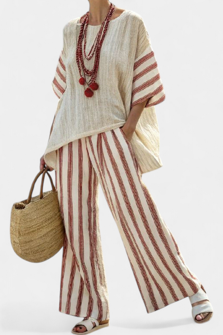 Braelith | Elegant Rustic Striped Top &amp; Cream Pants