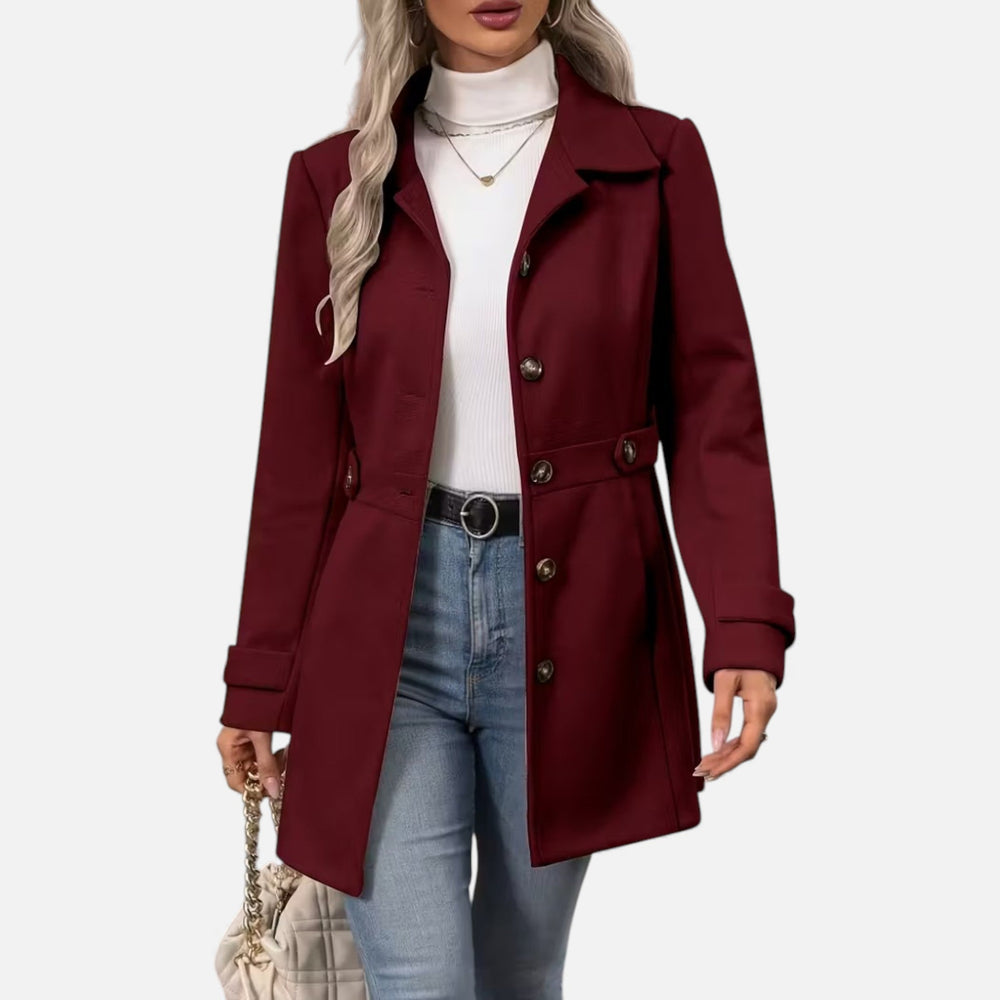 Women's classic tweed waist-cinched coat with belted silhouette and button-front closure