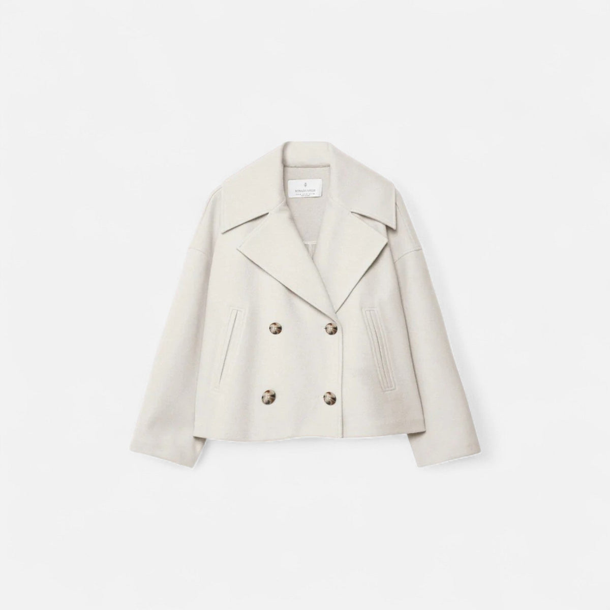Women's double-breasted wool-blend coat with tailored fit and mid-length silhouette