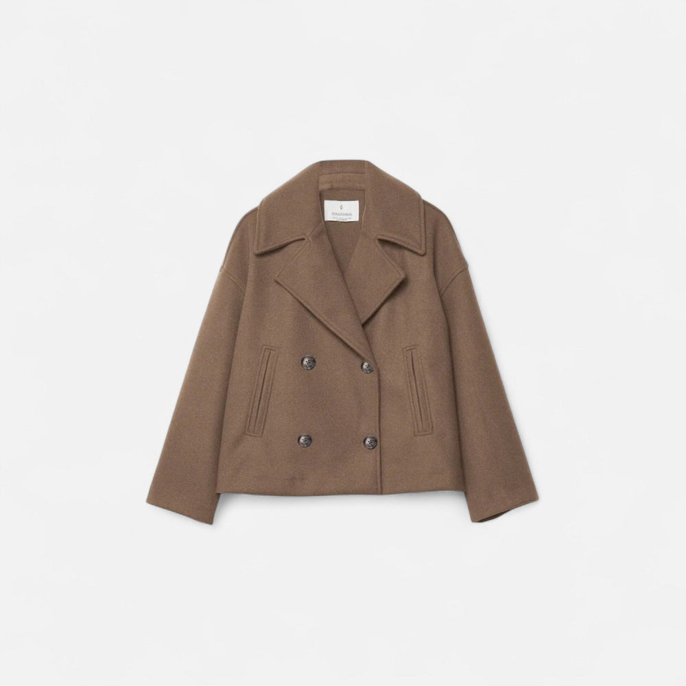 Women's double-breasted wool-blend coat with tailored fit and mid-length silhouette