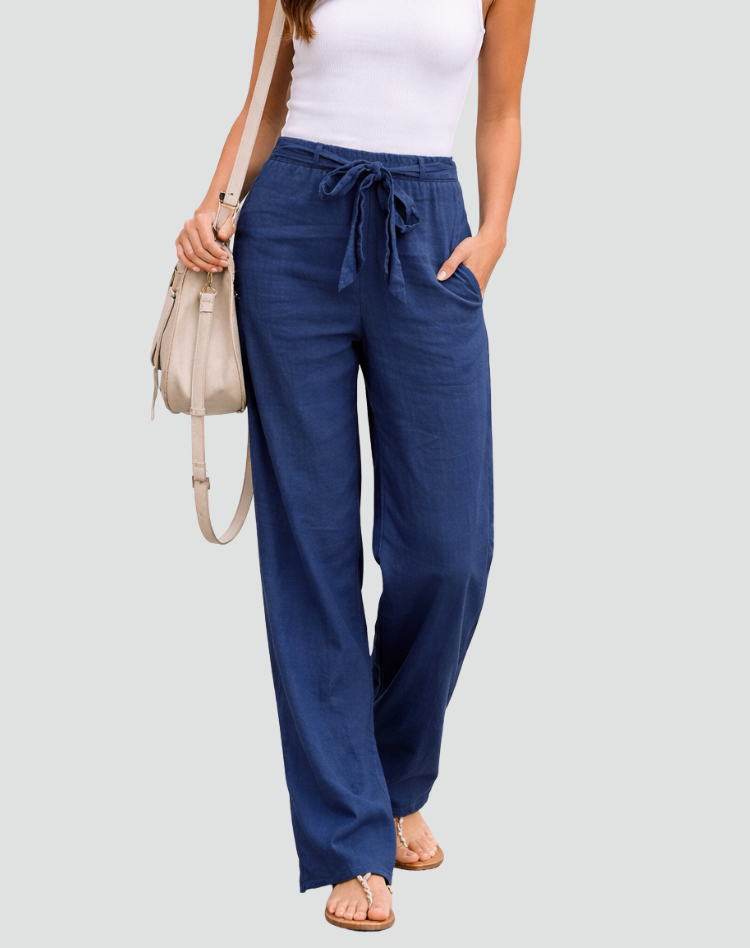 Women's linen wide leg trousers with drawstring waist and side pockets