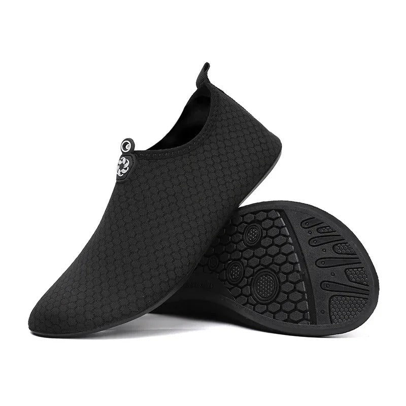 Unisex quick-dry water shoes with mesh upper and flexible rubber base
