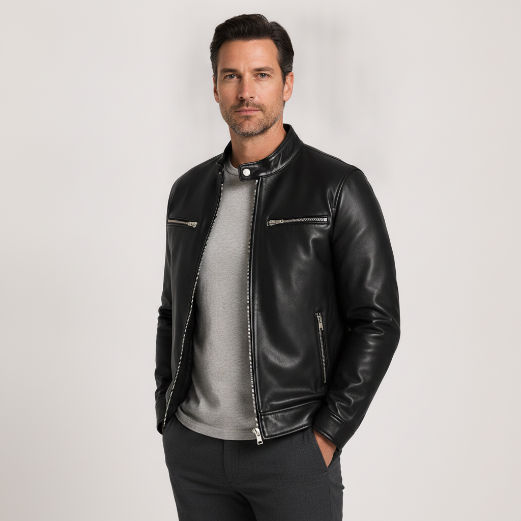 Men's Leather Look Jacket | Classic Zip-Front Lightweight Outerwear
