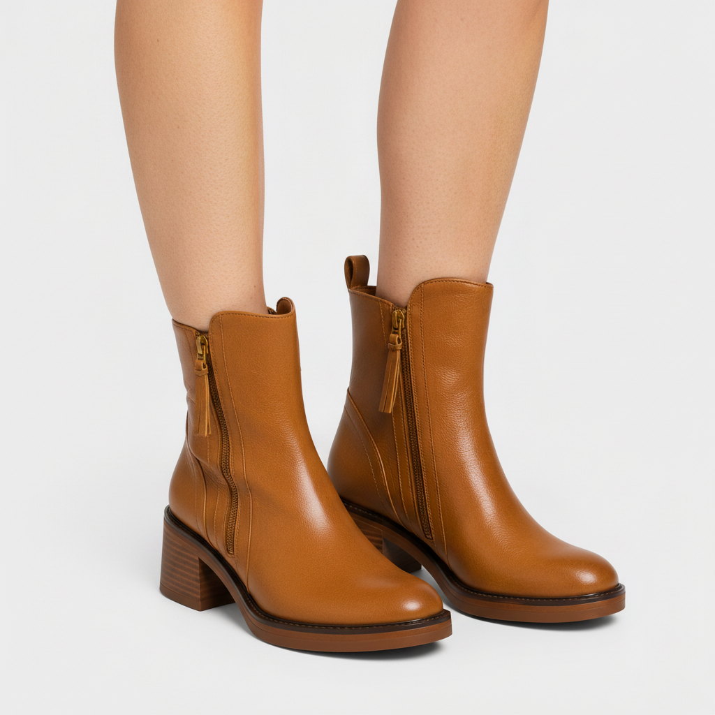 Ankle Boots | Side Zip Leather Look Mid Heel Booties