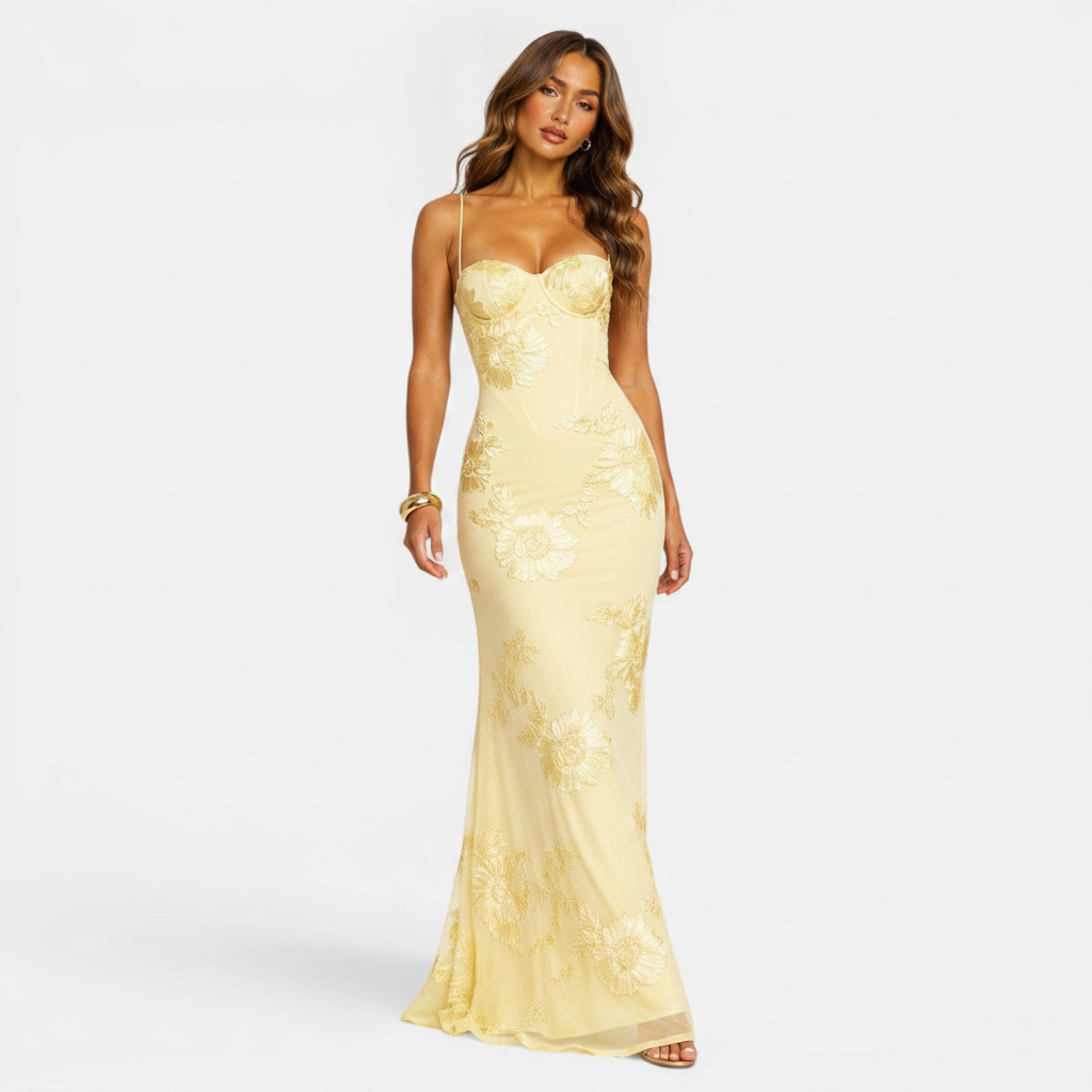 Belcien | Floral Jacquard Corset Evening Gown
