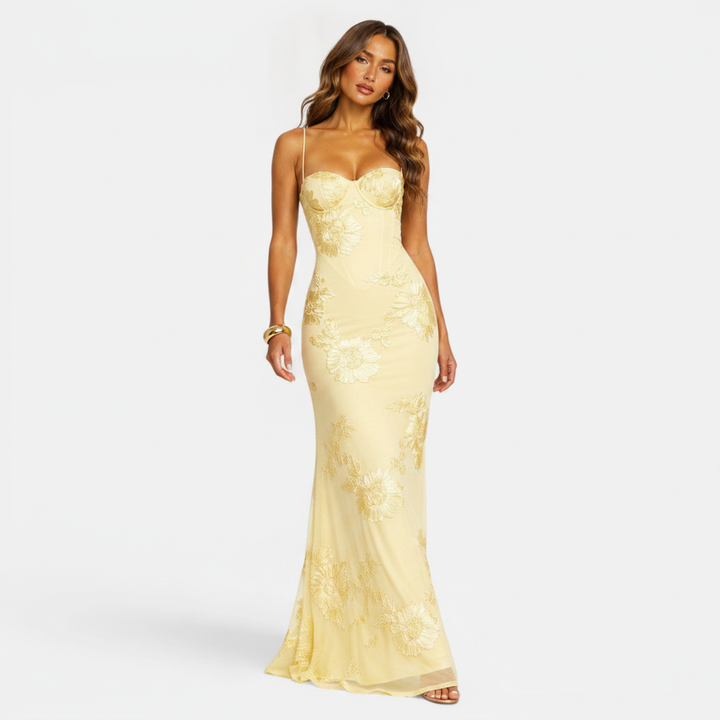 Belcien | Floral Jacquard Corset Evening Gown