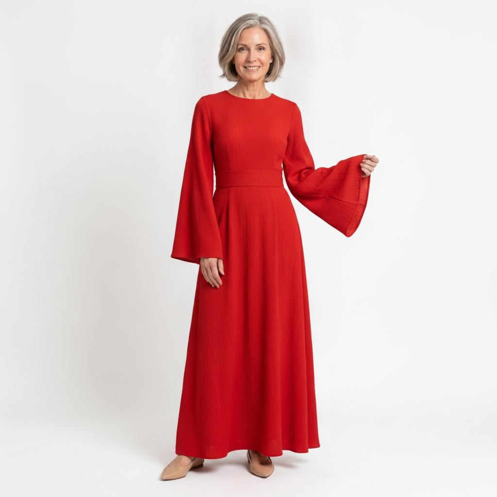 Bell Sleeve Ribbed Maxi | Belted Crew Neck Flowy Long Dress