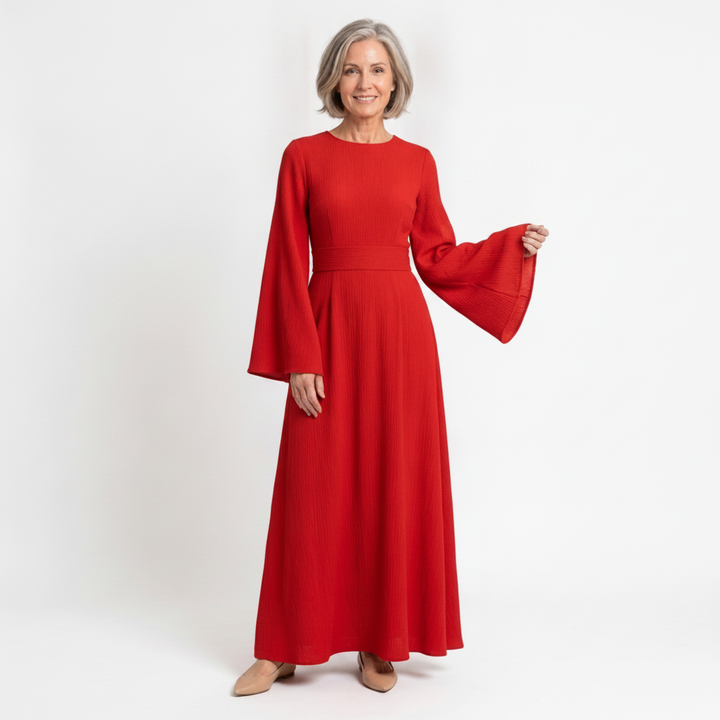 Bell Sleeve Ribbed Maxi | Belted Crew Neck Flowy Long Dress