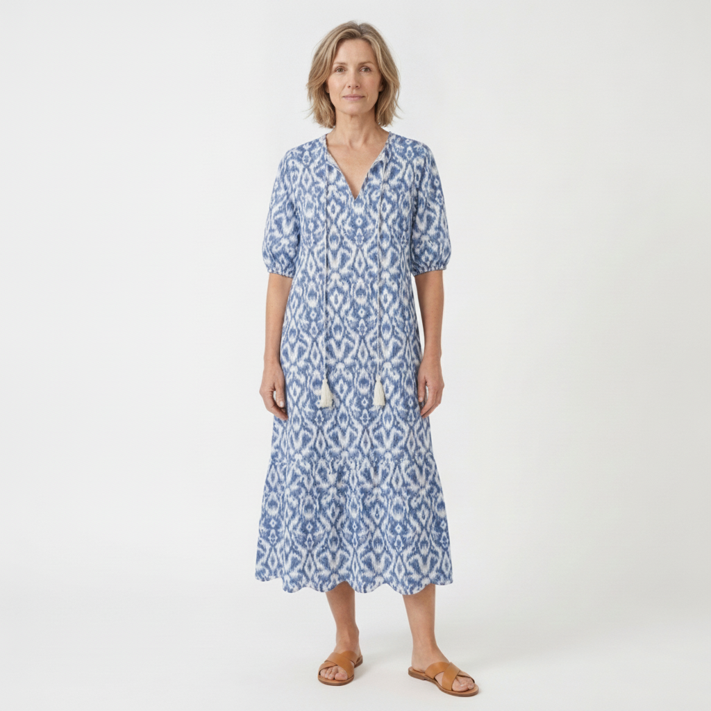 Boho Cotton Maxi Dress | Geometric Print Tassel V-Neck Kaftan