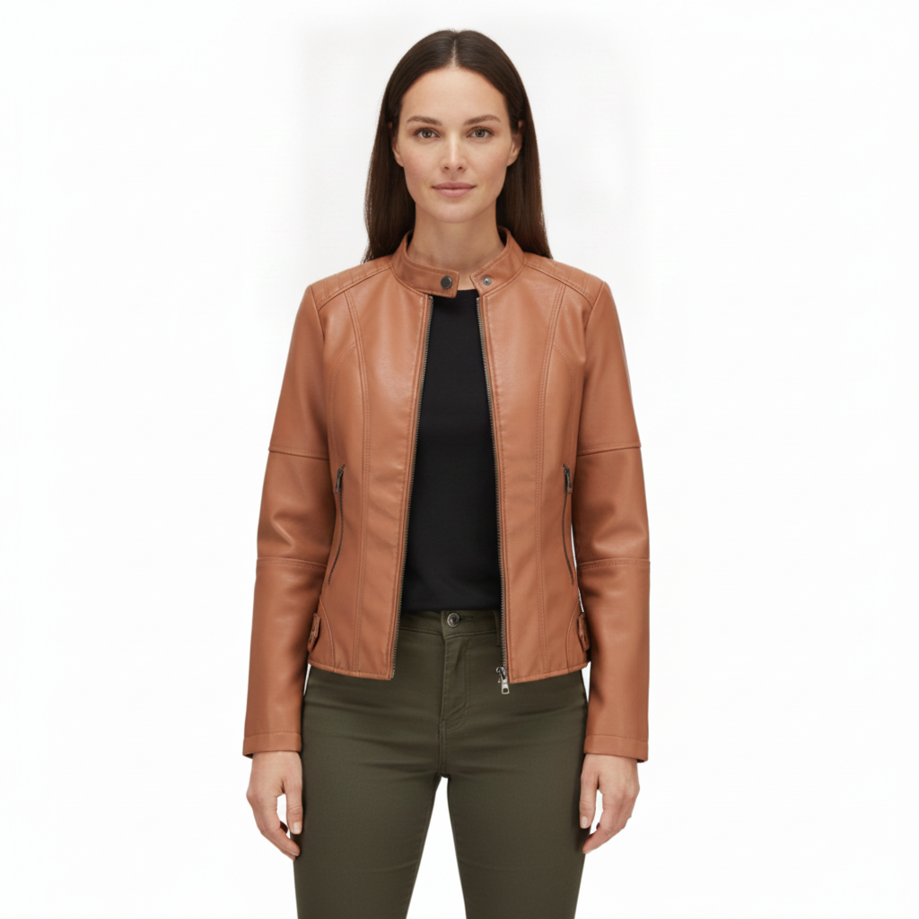 Faux Leather Biker Jacket | Slim Fit Moto Jacket with Stand Collar