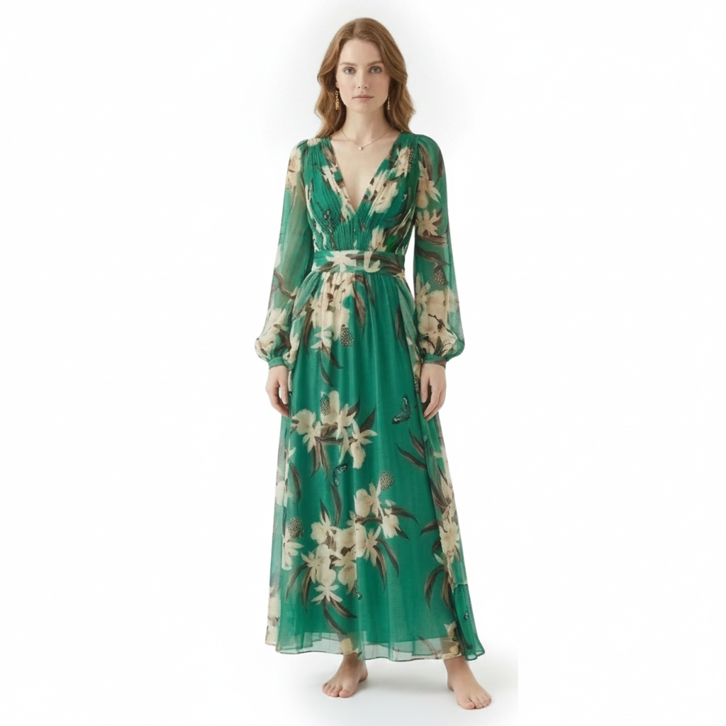 Floral Long Sleeve V-Neck Maxi Dress