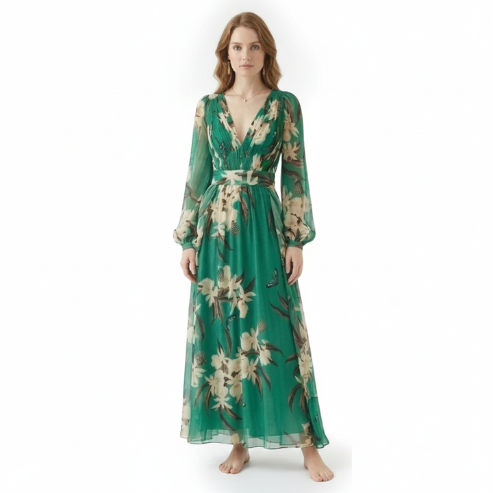 Floral Long Sleeve V-Neck Maxi Dress